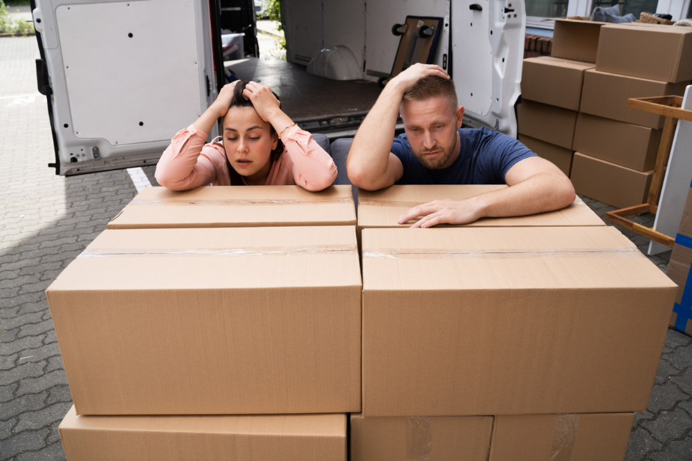 stressed couple moving house